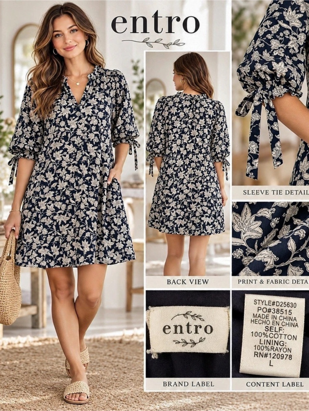 entro Floral Mini Dress in Blue & White Size Large Like New